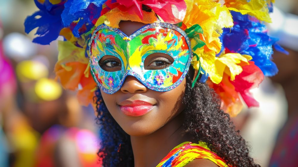 Carnival reveler in colorful mask and headdress, Jacmel